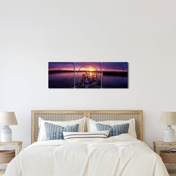 Tablou cu barci pescărești în port (cu ceas) (90x30 cm)