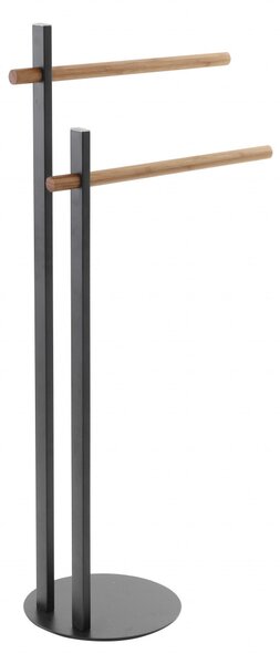 Suport prosoape, negru, din otel cromat si cu 2 brate din bambus, h 80.5cm