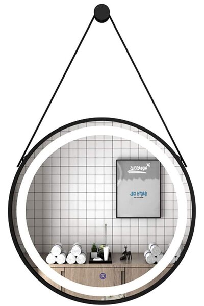 Oglinda rotunda cu led si buton touch, cu rama neagra din aluminiu, chinga din piele ecologica, diametru 60cm