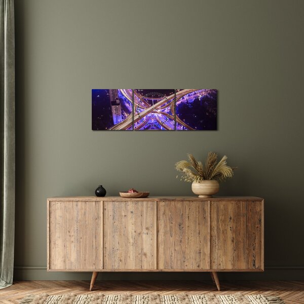 Tablou cu o interesecție mare noapte (cu ceas) (90x30 cm)