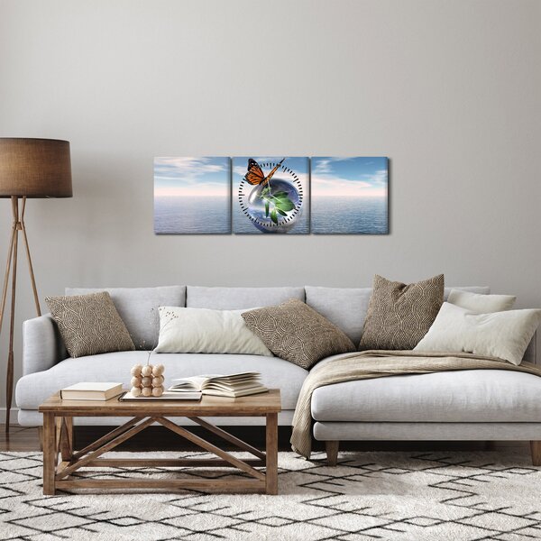 Tablou cu fluture pe bilă din sticlă (cu ceas) (90x30 cm)