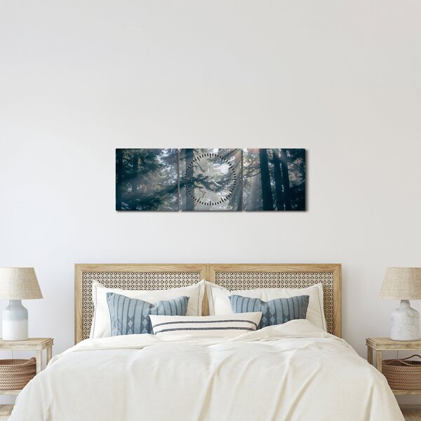 Tablou cu copaci și soarele translucind (cu ceas) (90x30 cm)
