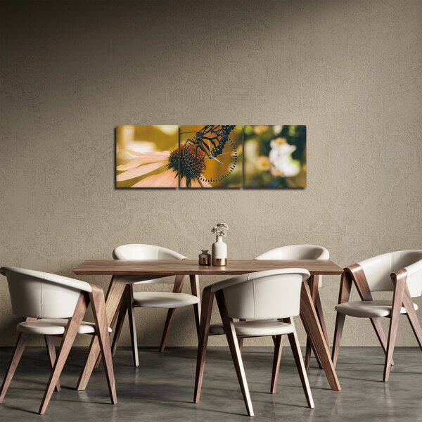 Tablou cu fluture pe floare (cu ceas) (90x30 cm)