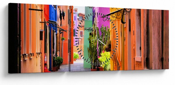 Tablou cu străduță colorata italiană (cu ceas) (90x30 cm)
