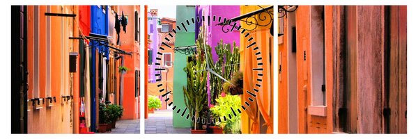 Tablou cu străduță colorata italiană (cu ceas) (90x30 cm)
