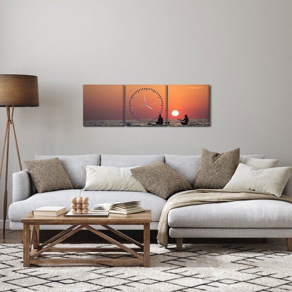 Tablou cu canoiști în apus de soare (cu ceas) (90x30 cm)