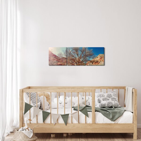 Tablou cu cu copac în deșert (cu ceas) (90x30 cm)