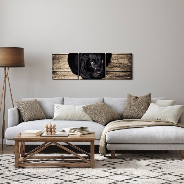 Tablou cu cățeluș negru (cu ceas) (90x30 cm)