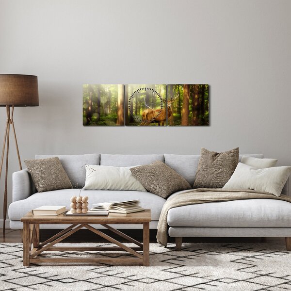 Tablou cu cerbul în pădure (cu ceas) (90x30 cm)