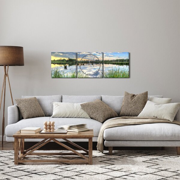 Tablou cu lac și trestie (cu ceas) (90x30 cm)