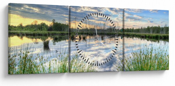 Tablou cu lac și trestie (cu ceas) (90x30 cm)