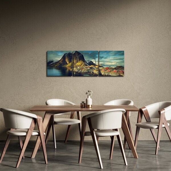 Tablou cu sat de pescari din Norvegia (cu ceas) (90x30 cm)