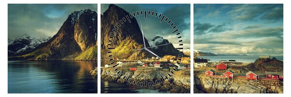 Tablou cu sat de pescari din Norvegia (cu ceas) (90x30 cm)