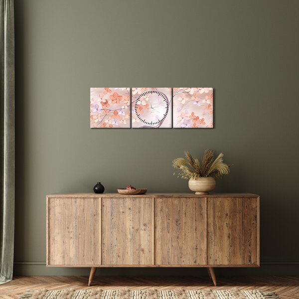 Tablou florilor de pom din coral - abstract (cu ceas) (90x30 cm)