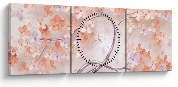 Tablou florilor de pom din coral - abstract (cu ceas) (90x30 cm)