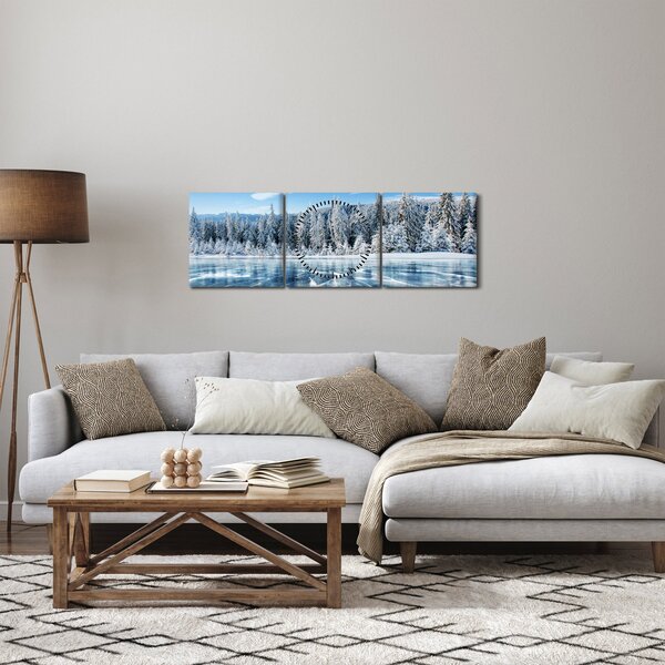 Tablou cu lacul înghețat și copacii înzăpeziți (cu ceas) (90x30 cm)