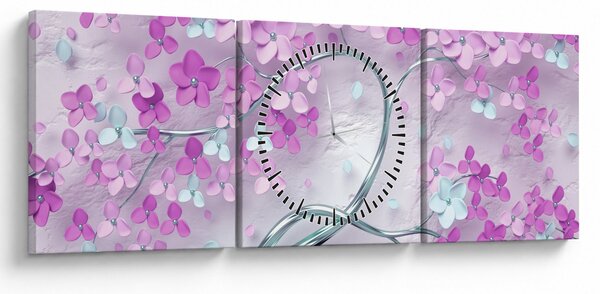 Tablou cu flori pe trunchi argintiu - abstract (cu ceas) (90x30 cm)