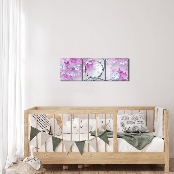 Tablou cu flori pe trunchi argintiu - abstract (cu ceas) (90x30 cm)