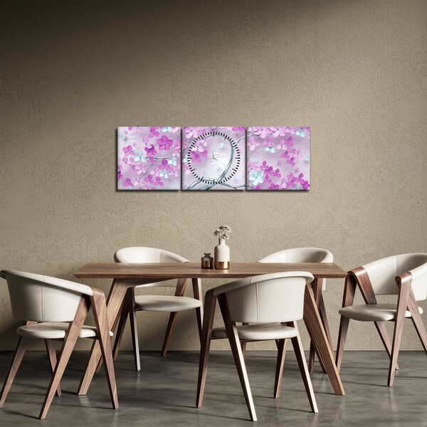 Tablou cu flori pe trunchi argintiu - abstract (cu ceas) (90x30 cm)