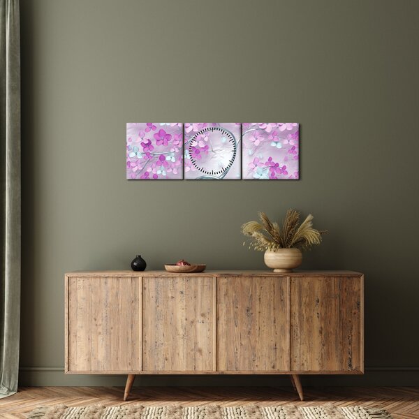 Tablou cu flori pe trunchi argintiu - abstract (cu ceas) (90x30 cm)