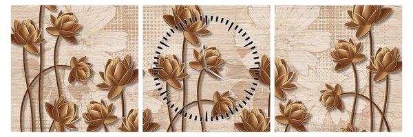 Tablou cu abstracția florilor - maro (cu ceas) (90x30 cm)