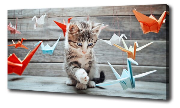 Pictură pe pânză Cat cu păsări de hârtie