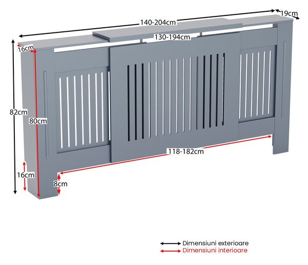 Masca pentru Calorifer ECO-3XL 140/204 cm Ajustabila, MDF Vopsit de 21 mm Lame Verticale, Gri antracit