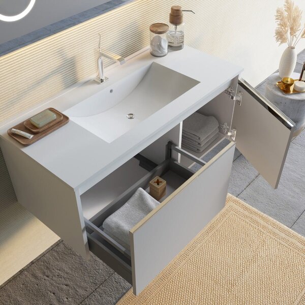 Mobilier Baie Suspendat, 100cm, Gri Deschis Cu Oglindă Led și Ceas | Monaco