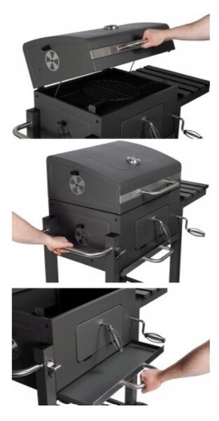 Gratar cu carbuni Maltec GrillMaster Probend, sort inclus, maner capac, capac rabatabil, suport roti, 37,5 cm, otel, negru