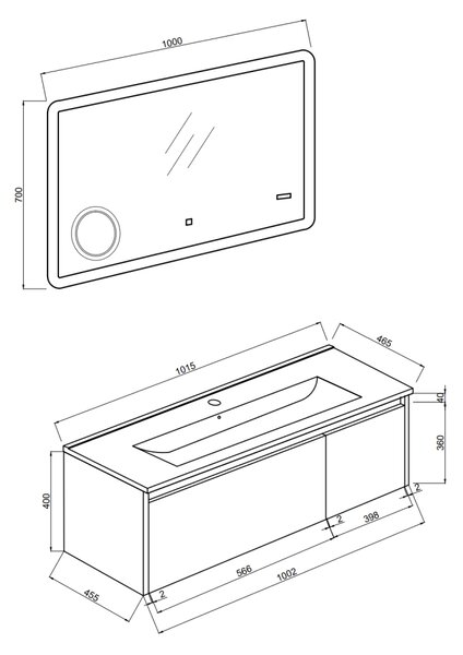 Mobilier Baie Suspendat, 100cm, Gri Deschis Cu Oglindă Led și Ceas | Monaco