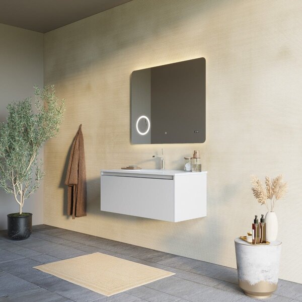 Mobilier Baie Suspendat, 100cm, Gri Deschis Cu Oglindă Led și Ceas | Monaco