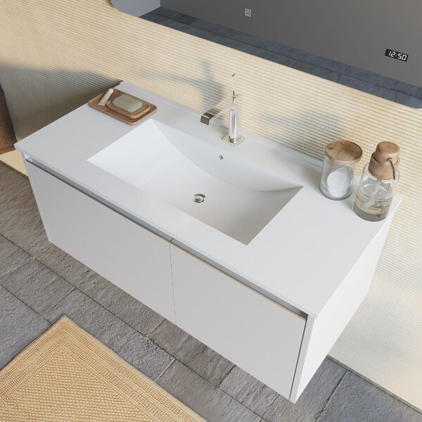 Mobilier Baie Suspendat, 100cm, Gri Deschis Cu Oglindă Led și Ceas | Monaco