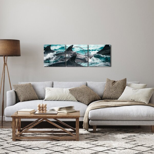 Tablou - Delfini în ocean (cu ceas) (90x30 cm)